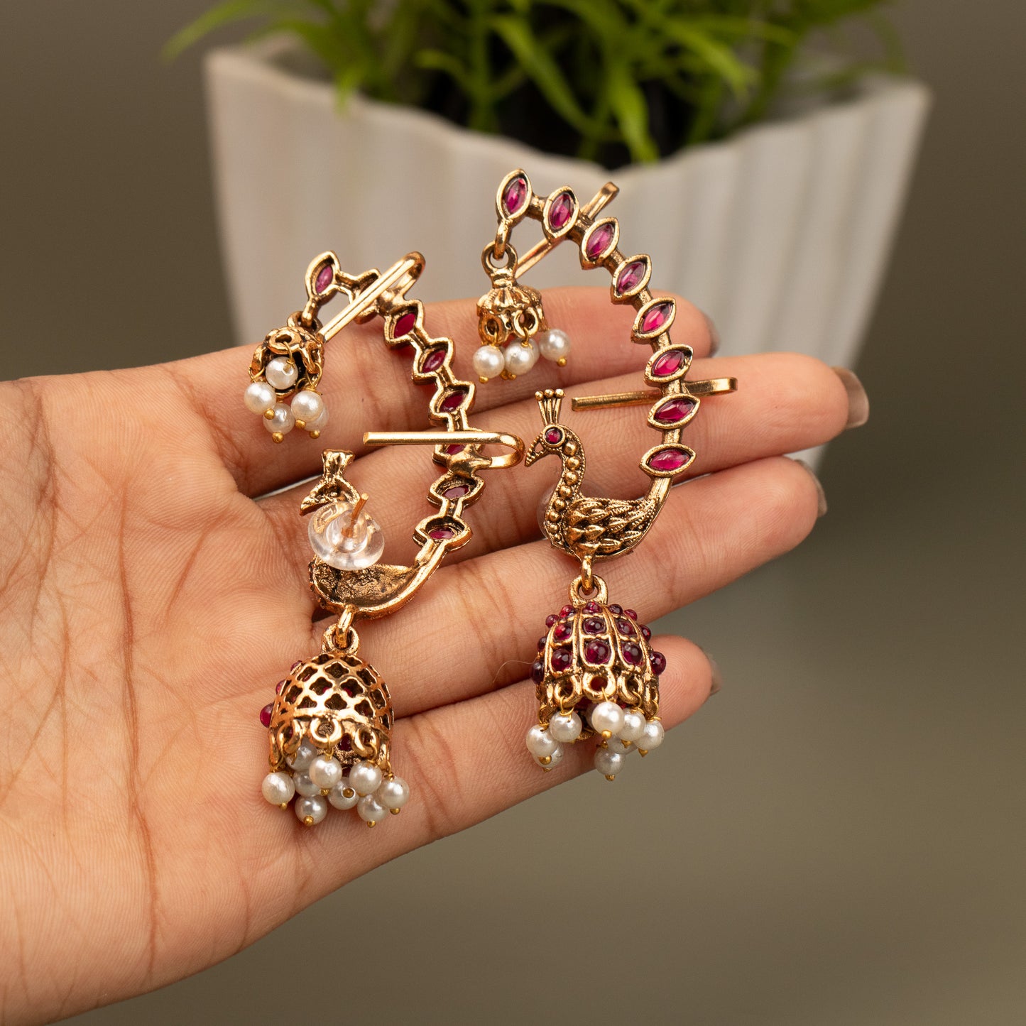 Gold-finish Peacock design kemp stones Ear-Cuff Jhumka E952
