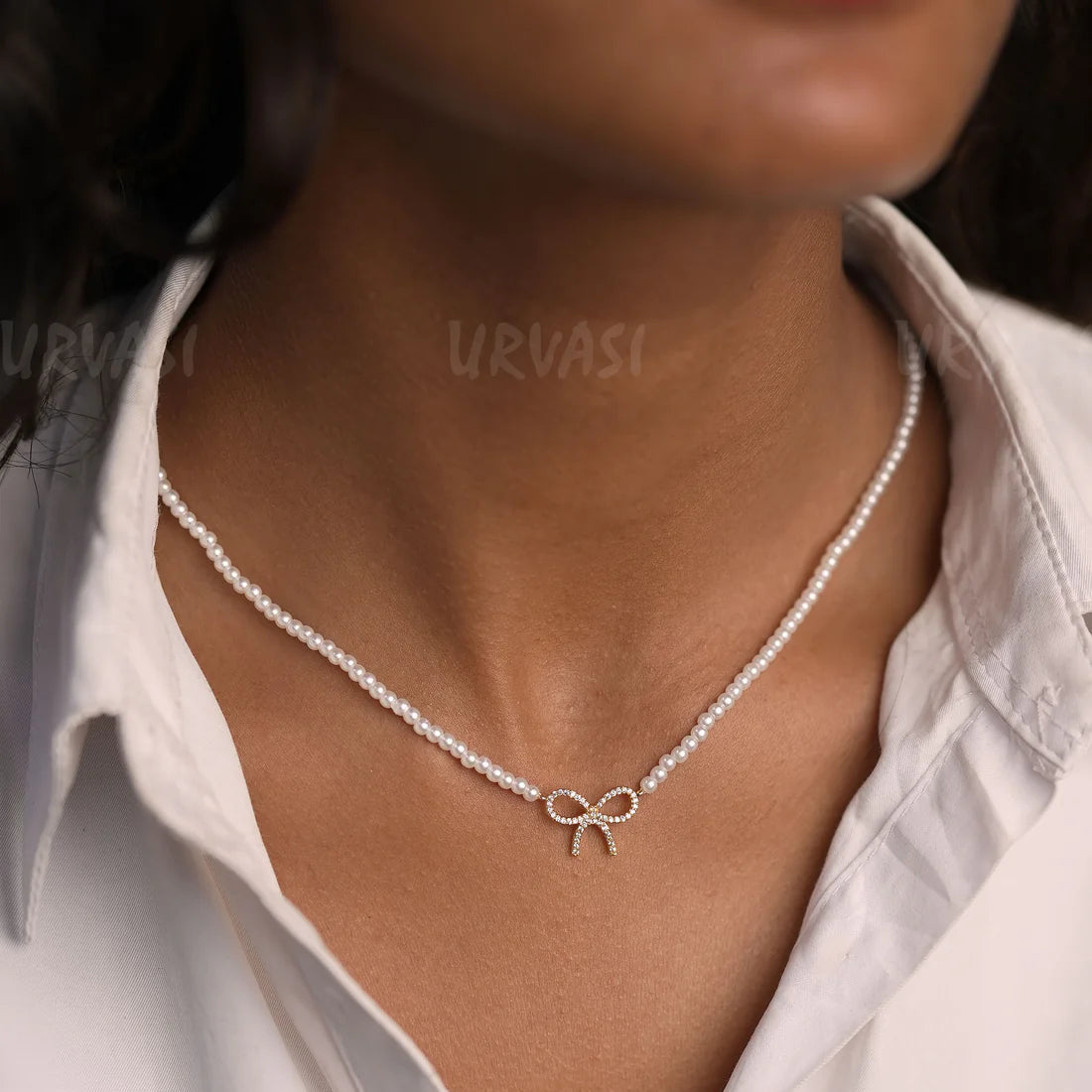 Pearl Beaded Bow Pendant Simple Chain SC342
