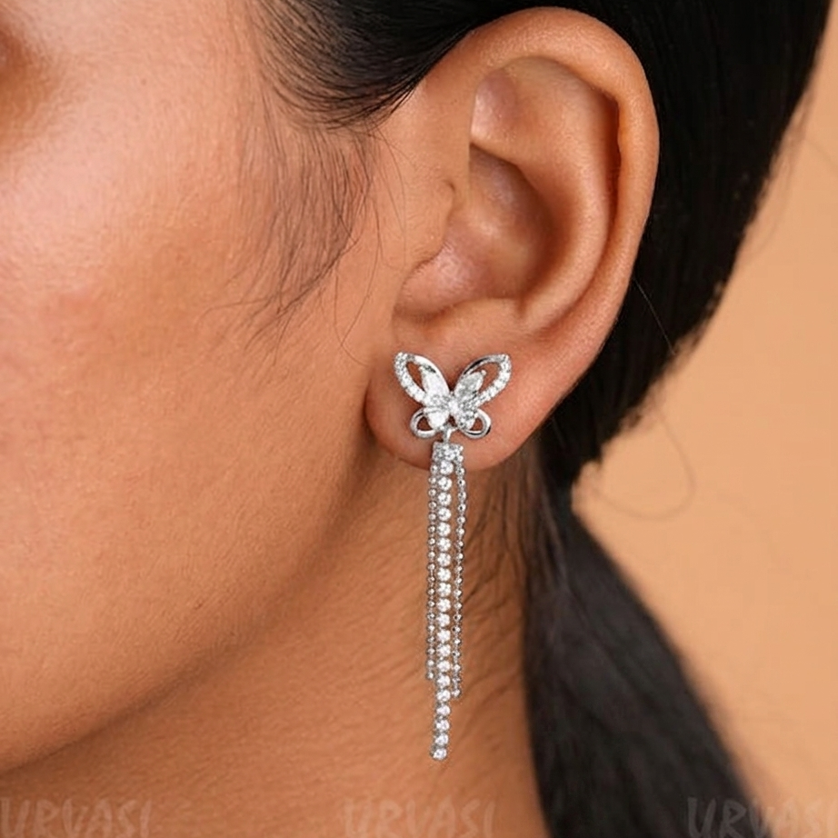 Silver-Toned Butter-fly Designed AD Hanging Earrings E1177