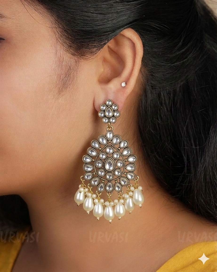Kundan Chandbali Oxidised Gold Pearl Hanging Earrings E915