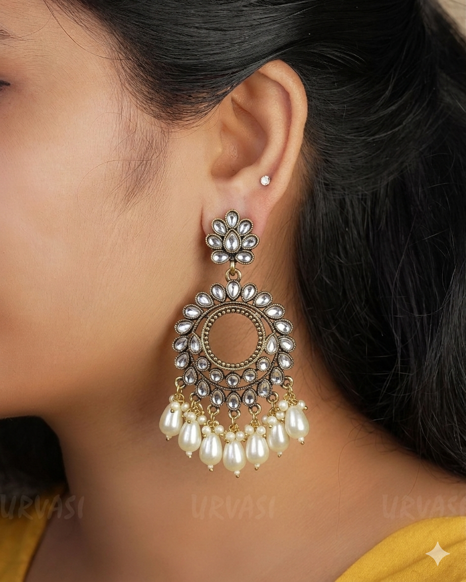 Kundan Chandbali Oxidised Gold Pearl Hanging Earrings E913