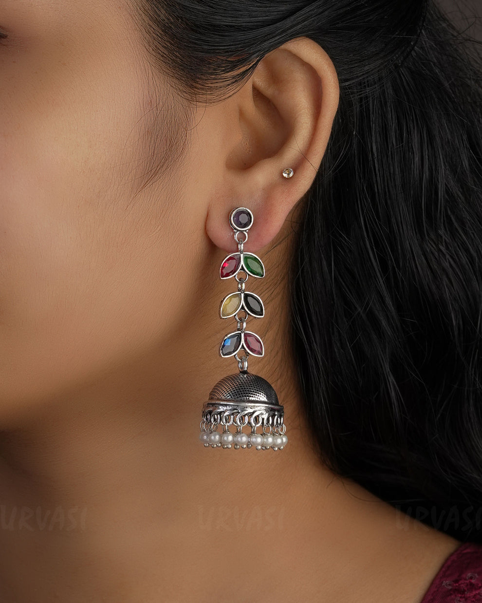 Leaf Motif Oxidised Silver Jhumka Earrings E983
