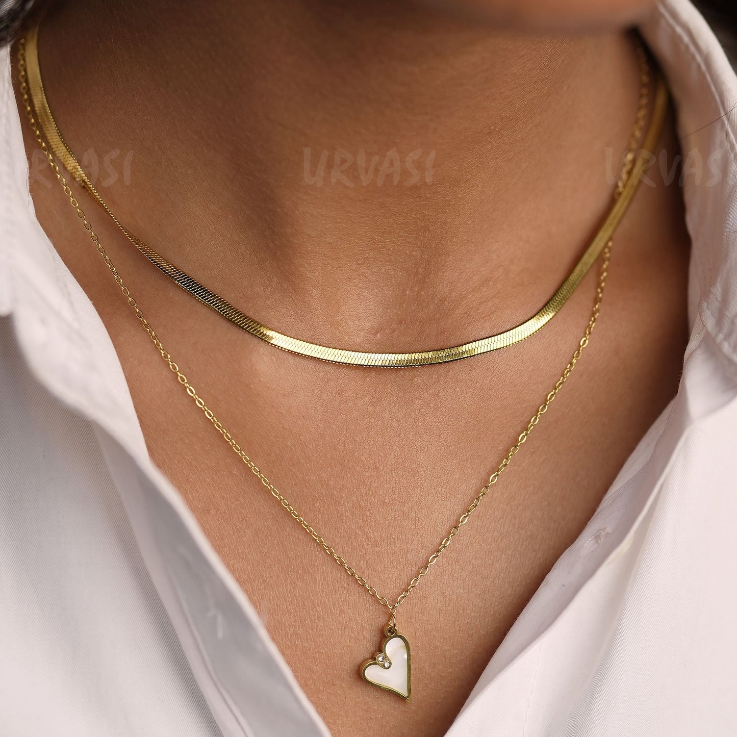 Gold-Toned Layered Herringbone Heart Pendant Simple Chain SC355