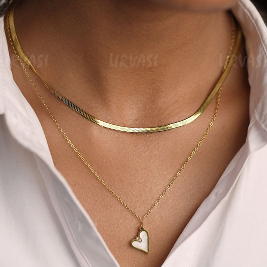 Gold-Toned Layered Herringbone Heart Pendant Simple Chain SC355