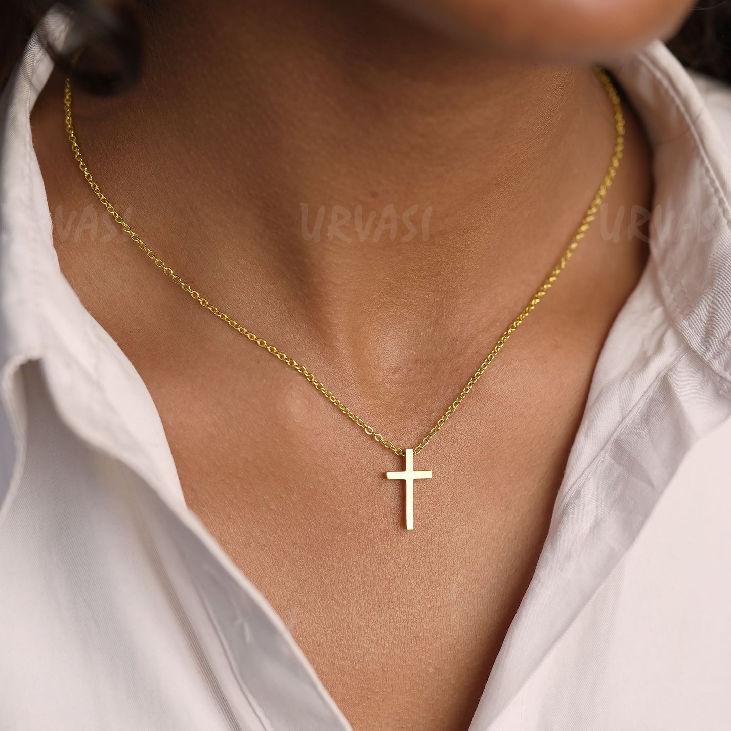 Gold-Toned Cross Pendant Simple Chain SC356