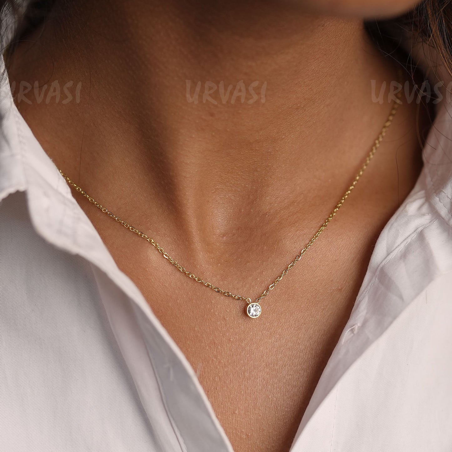 Gold-Toned Bezel Solitaire Pendant Simple Chain SC361