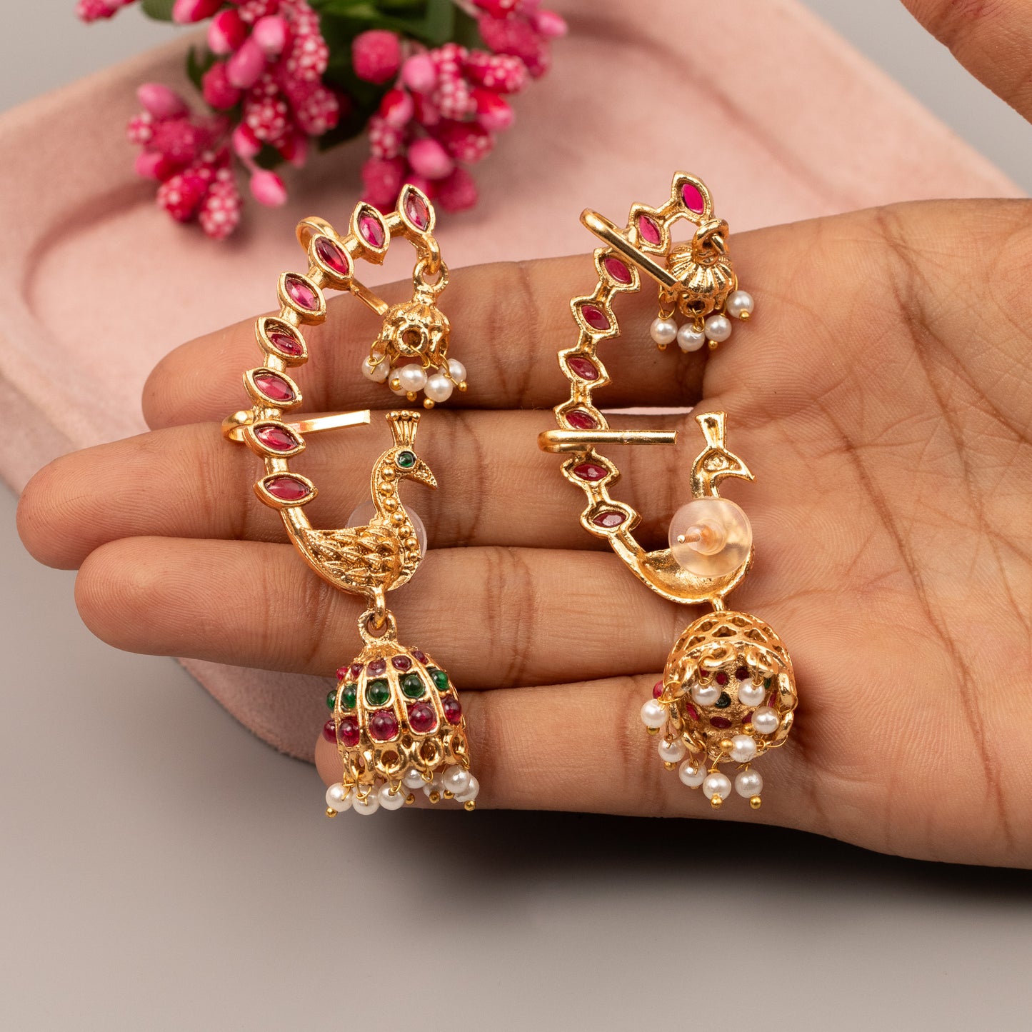 Gold-finish Peacock design kemp stones Ear-Cuff Jhumka E1501