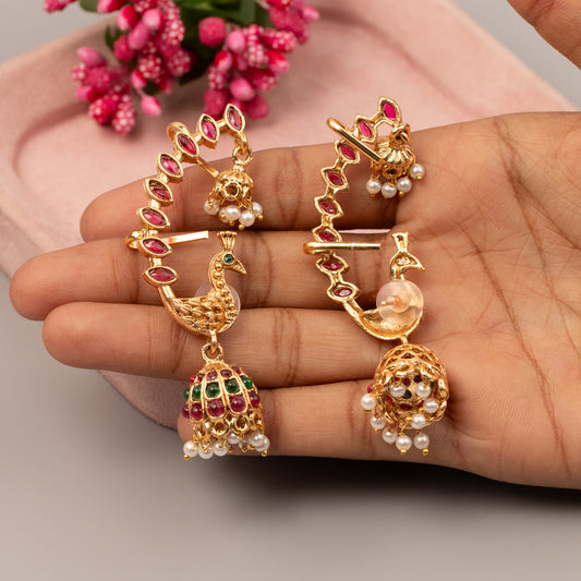 Gold-finish Peacock design kemp stones Ear-Cuff Jhumka E1501