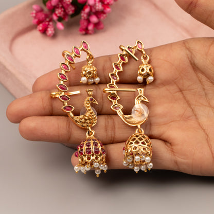 Gold-finish Peacock design kemp stones Ear-Cuff Jhumka E1501
