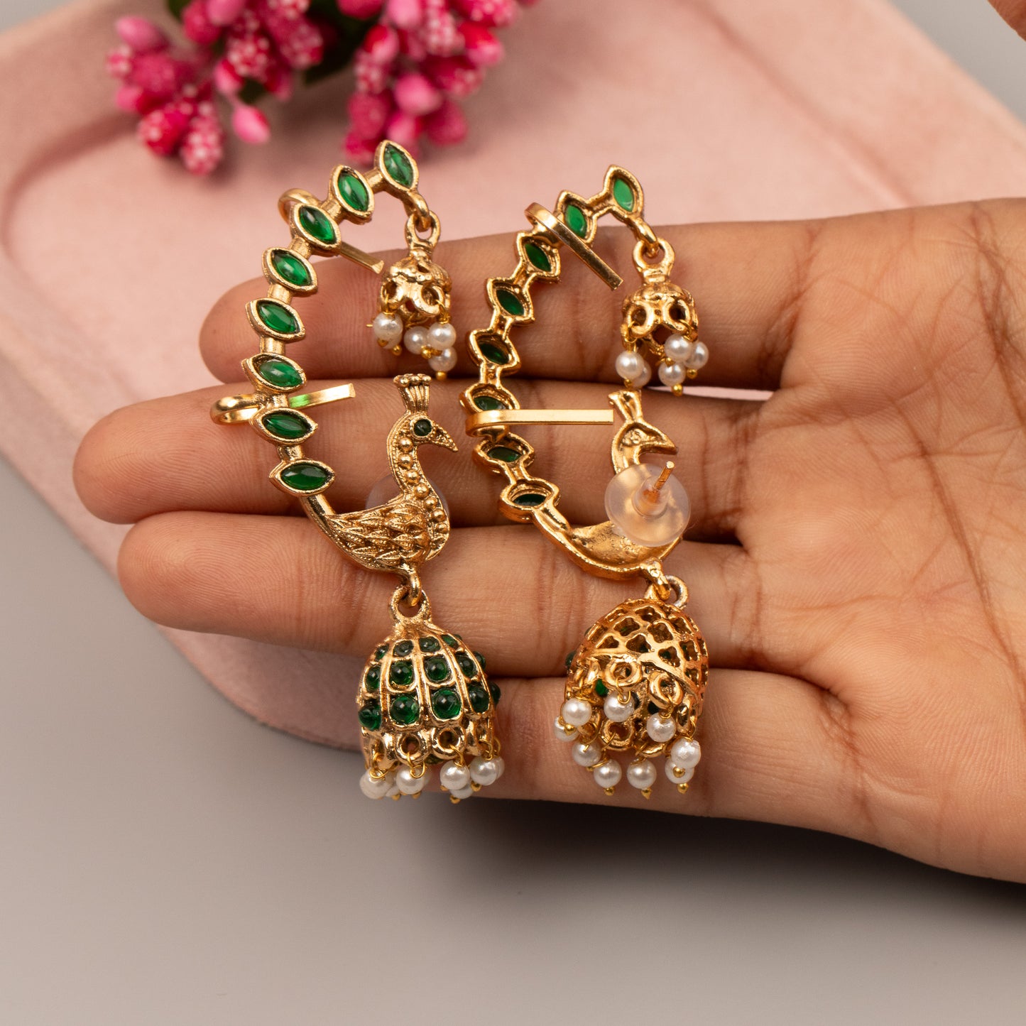 Gold-finish Peacock design kemp stones Ear-Cuff Jhumka E1501