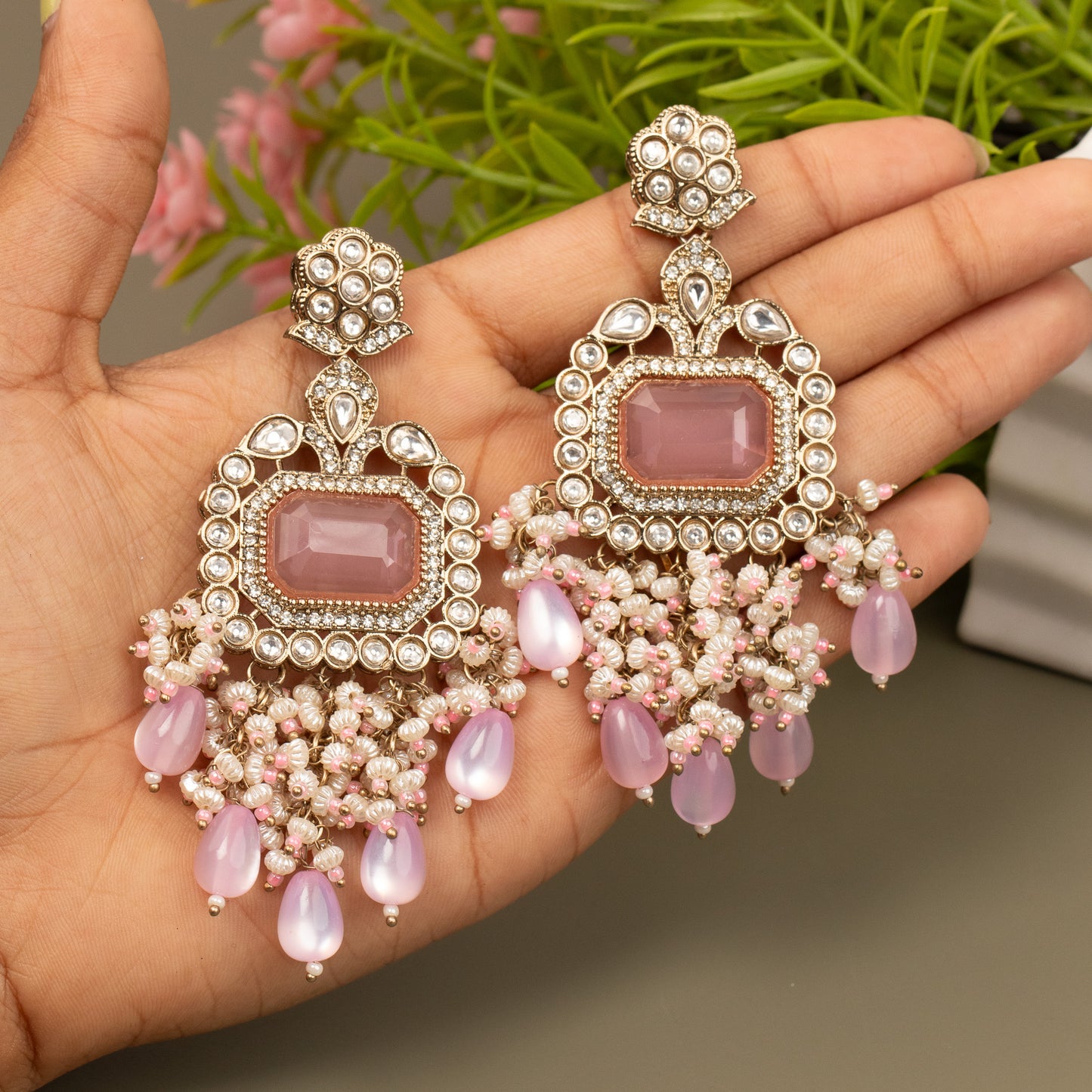 Kundan Chandbali Mehandi Gold Pearl Hanging Earrings E1076