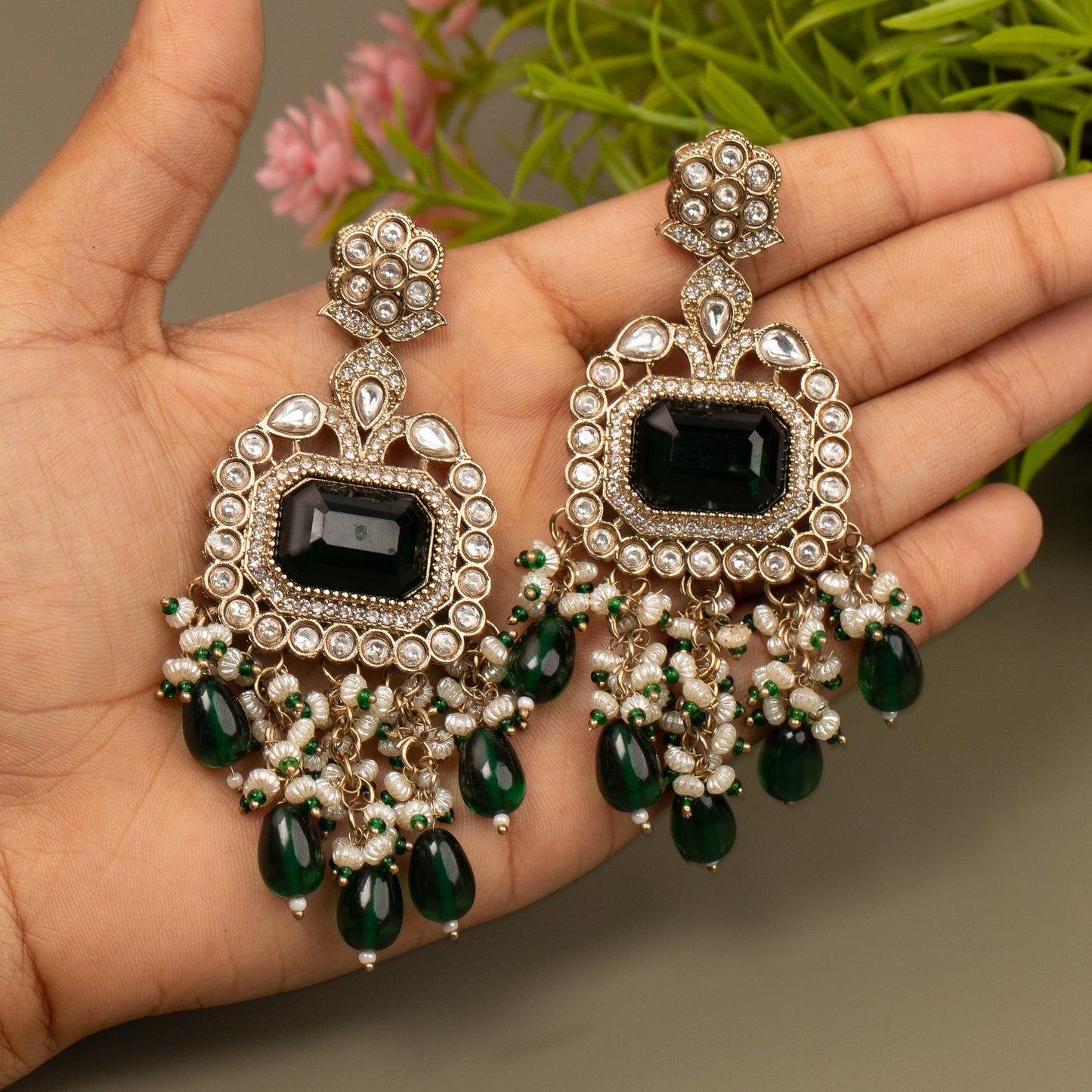 Kundan Chandbali Mehandi Gold Pearl Hanging Earrings E1076