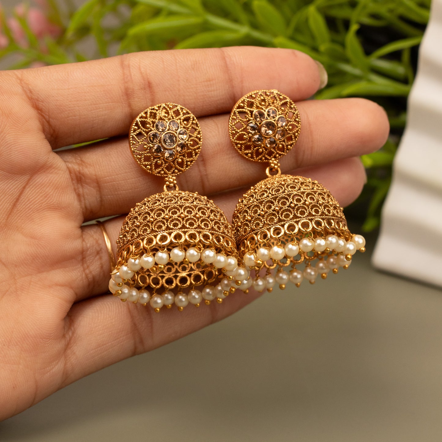 Gold-Toned Jhumka Earrings E1068
