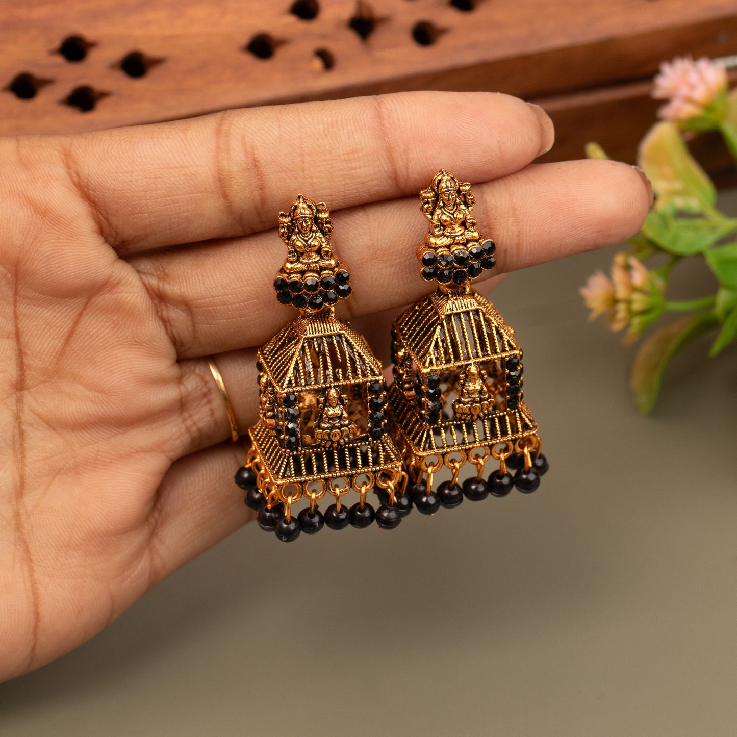Oxidized Golden Temple Lakshmi Earrings E1088