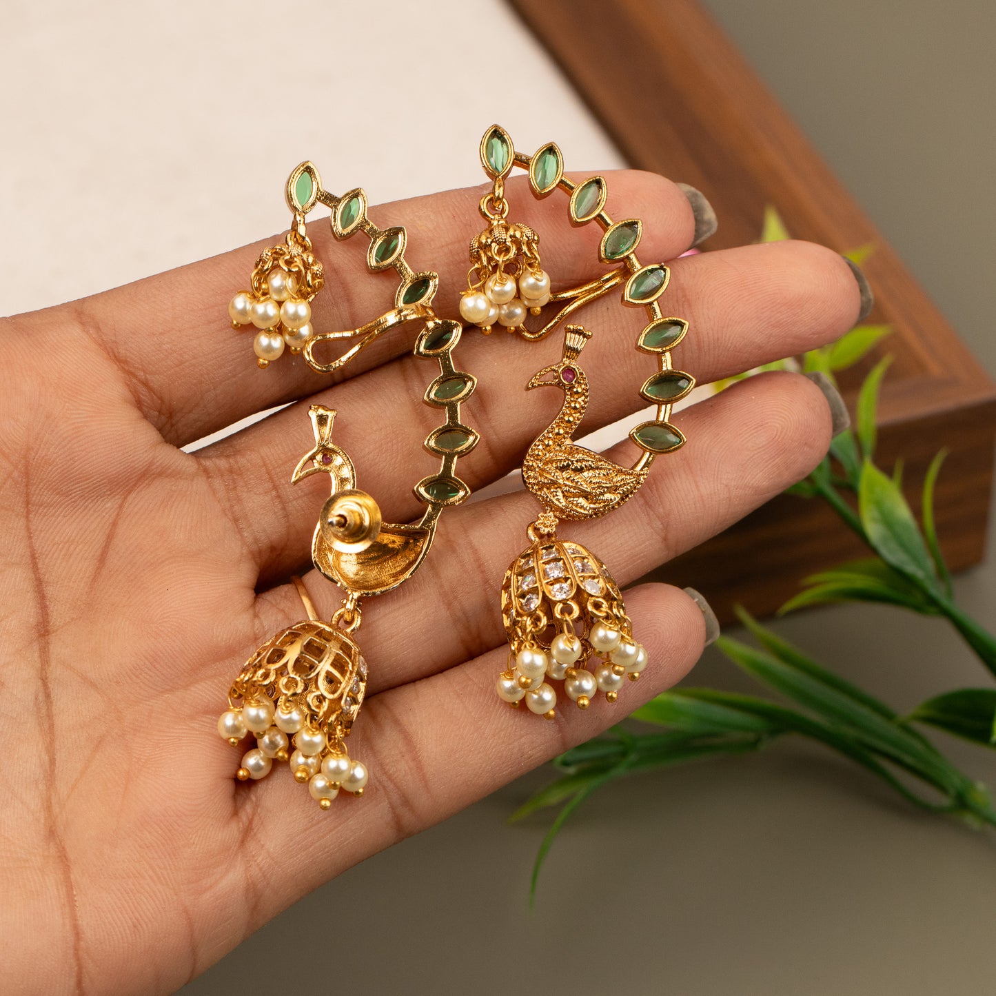 Gold-finish Peacock design kemp stones Ear-Cuff Jhumka E1171