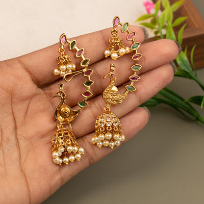 Gold-finish Peacock design kemp stones Ear-Cuff Jhumka E1171