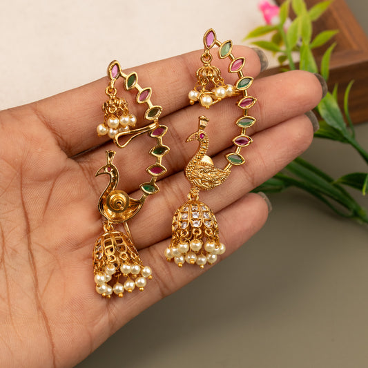 Gold-finish Peacock design kemp stones Ear-Cuff Jhumka E1171