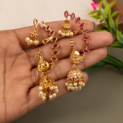 Gold-finish Peacock design kemp stones Ear-Cuff Jhumka E1171