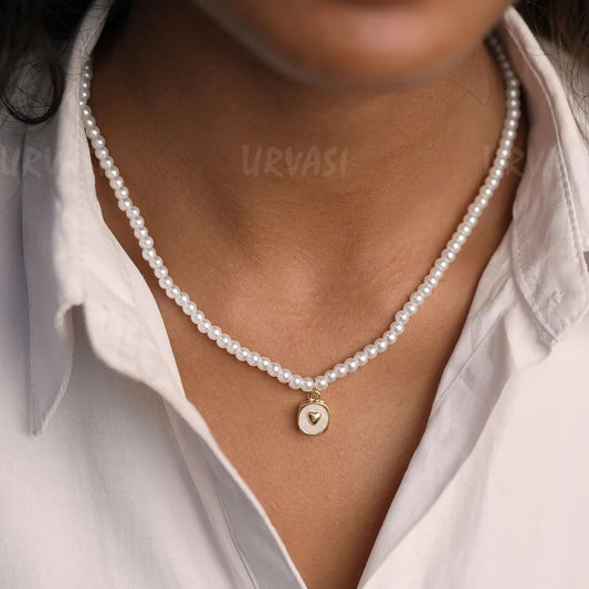 Pearl Beaded Square-Heart Pendant Simple Chain SC336