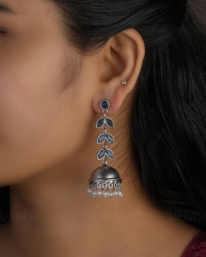 Leaf Motif Oxidised Silver Jhumka Earrings E983