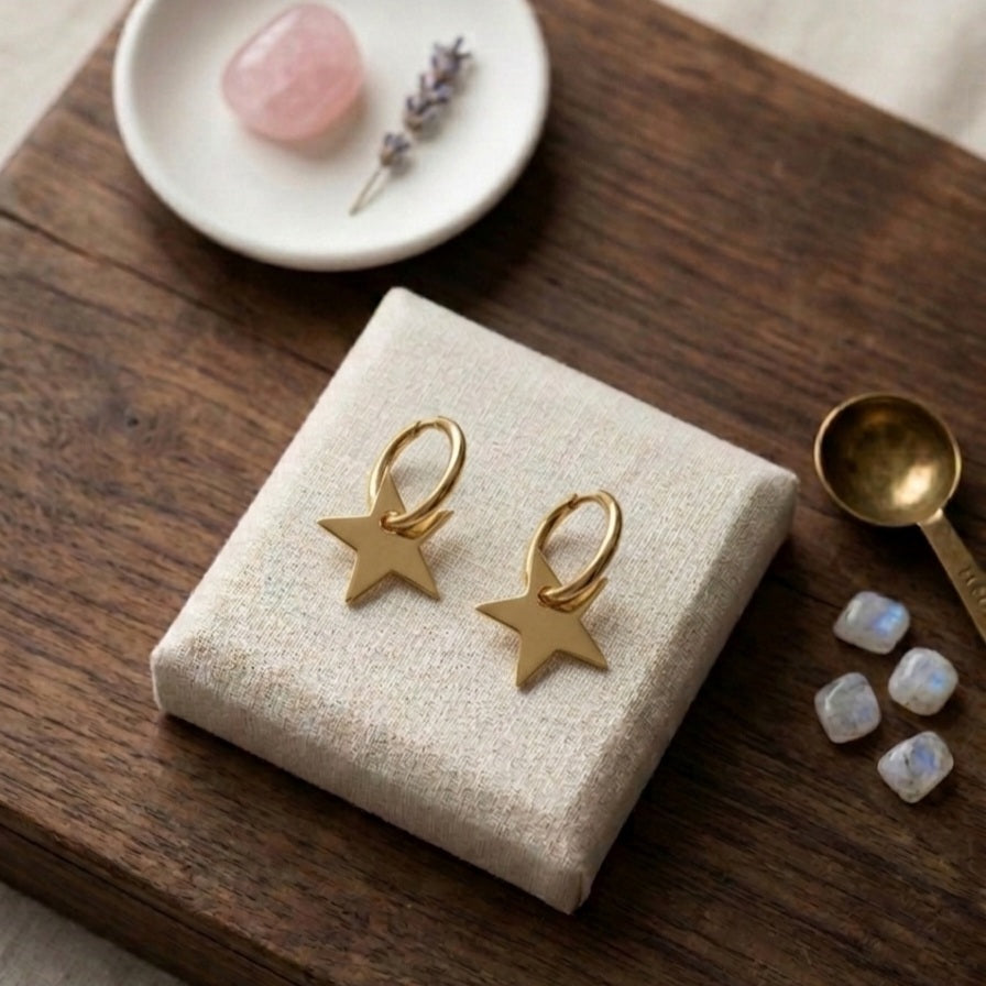 Gold-Toned Dangling Star Charm Hoop Earrings E1109
