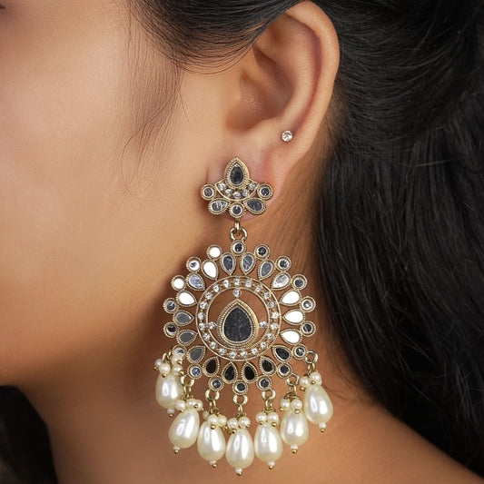 Kundan Chandbali Oxidised Gold Pearl Hanging Earrings E916