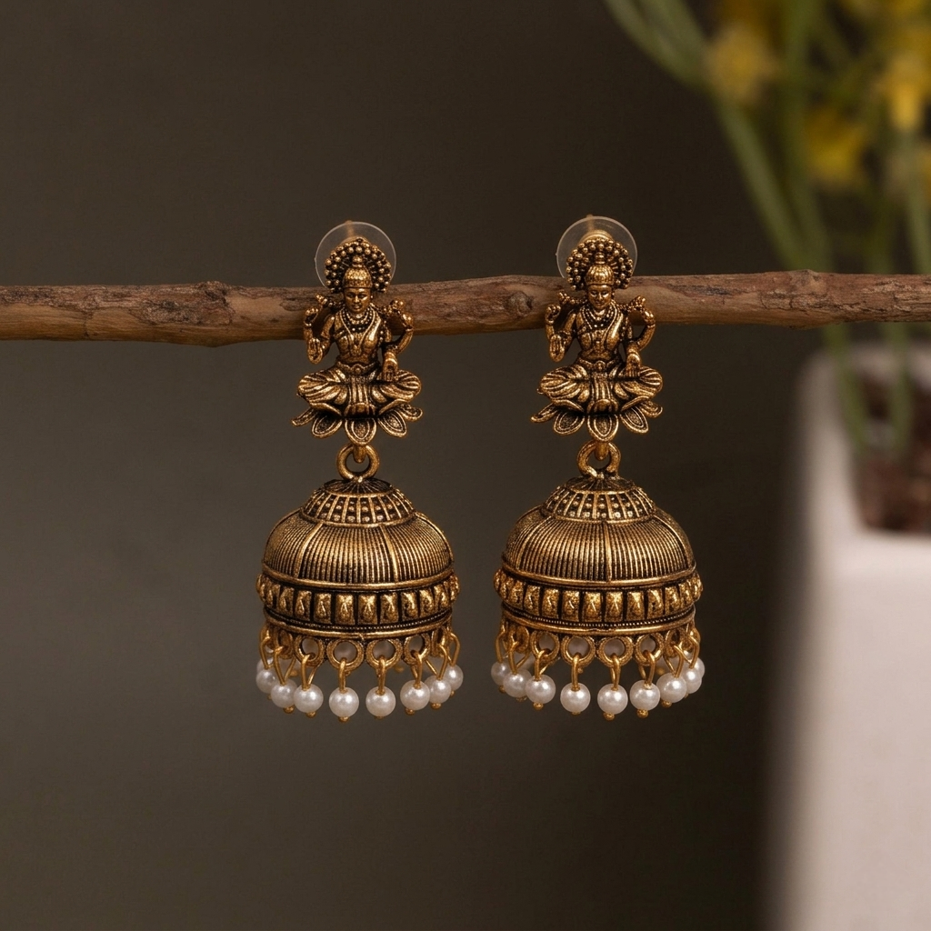 Oxidized Golden Temple Lakshmi Earrings E1199