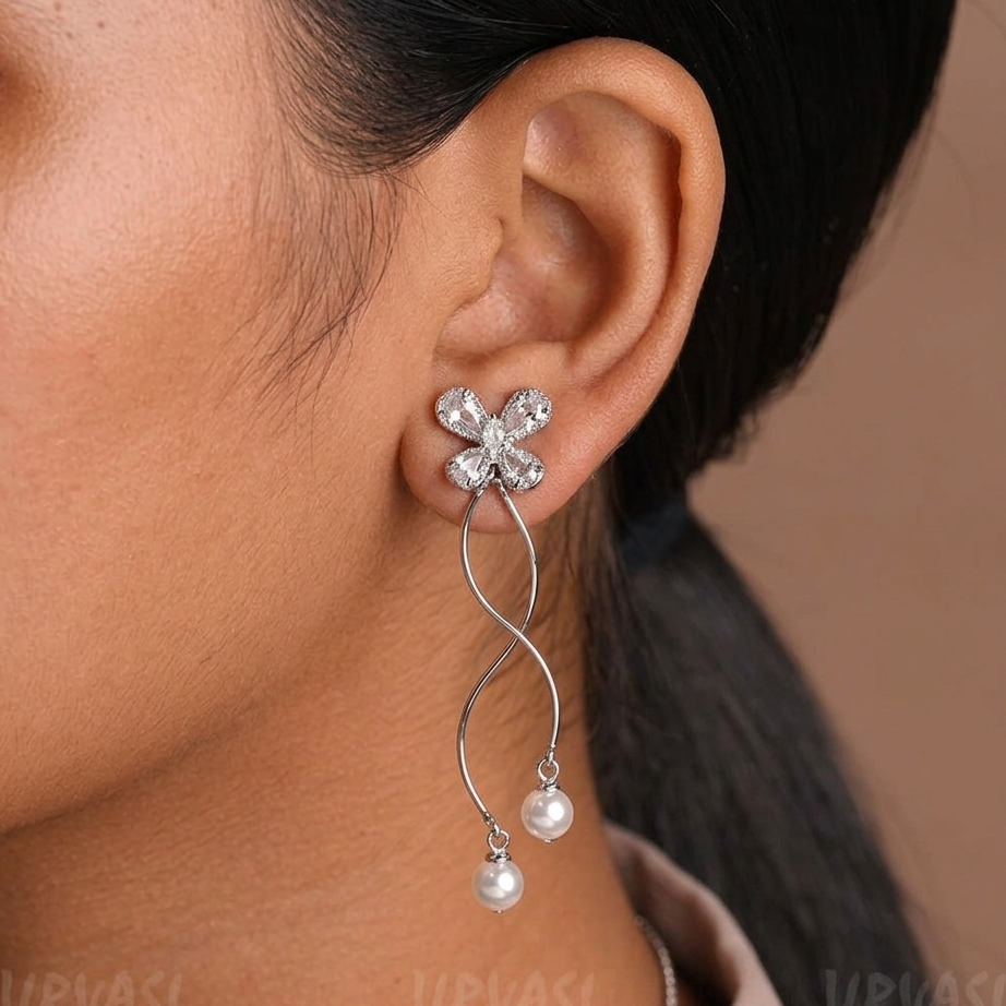 Butterfly Drop-Silver Plated Pearl Earrings E1189