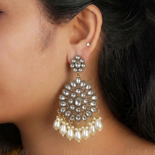 Kundan Chandbali Oxidised Gold Pearl Hanging Earrings E915