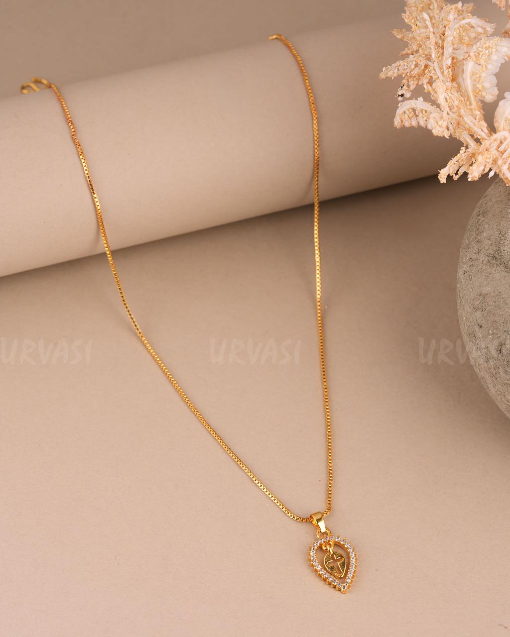 Gold-Polish Tear-Drop Pendant Central Cross Thali Chain SC371