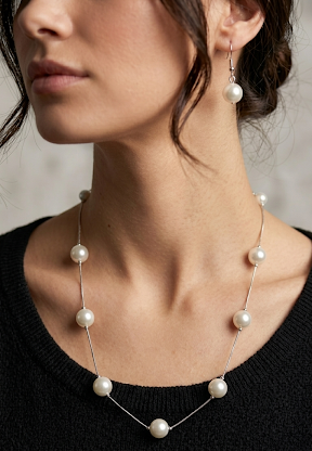 Silver one line pearl Mala with Earrings MA196