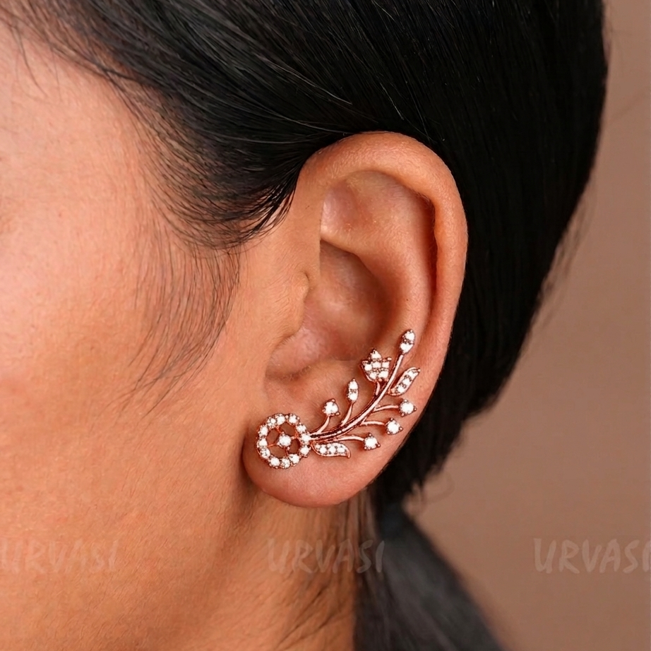 Leaf-Designed AD Stone-Studded Ear-Cuff Earrings E1226