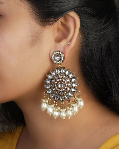 Kundan Chandbali Oxidised Gold Pearl Hanging Earrings E917
