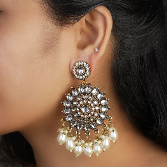 Kundan Chandbali Oxidised Gold Pearl Hanging Earrings E917