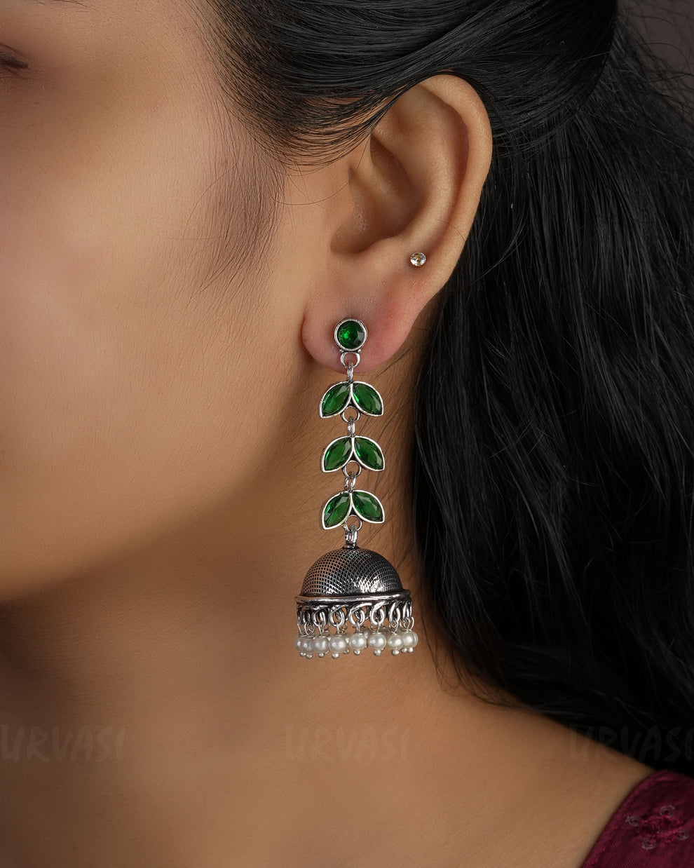 Leaf Motif Oxidised Silver Jhumka Earrings E983