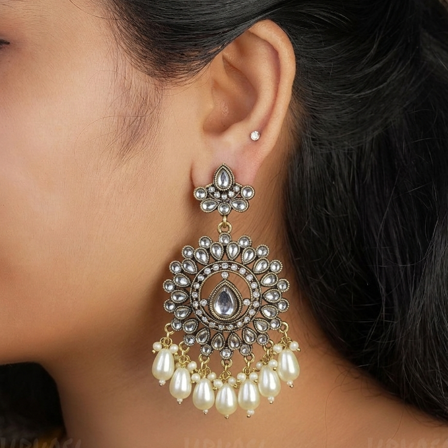 Kundan Chandbali Oxidised Gold Pearl Hanging Earrings E914