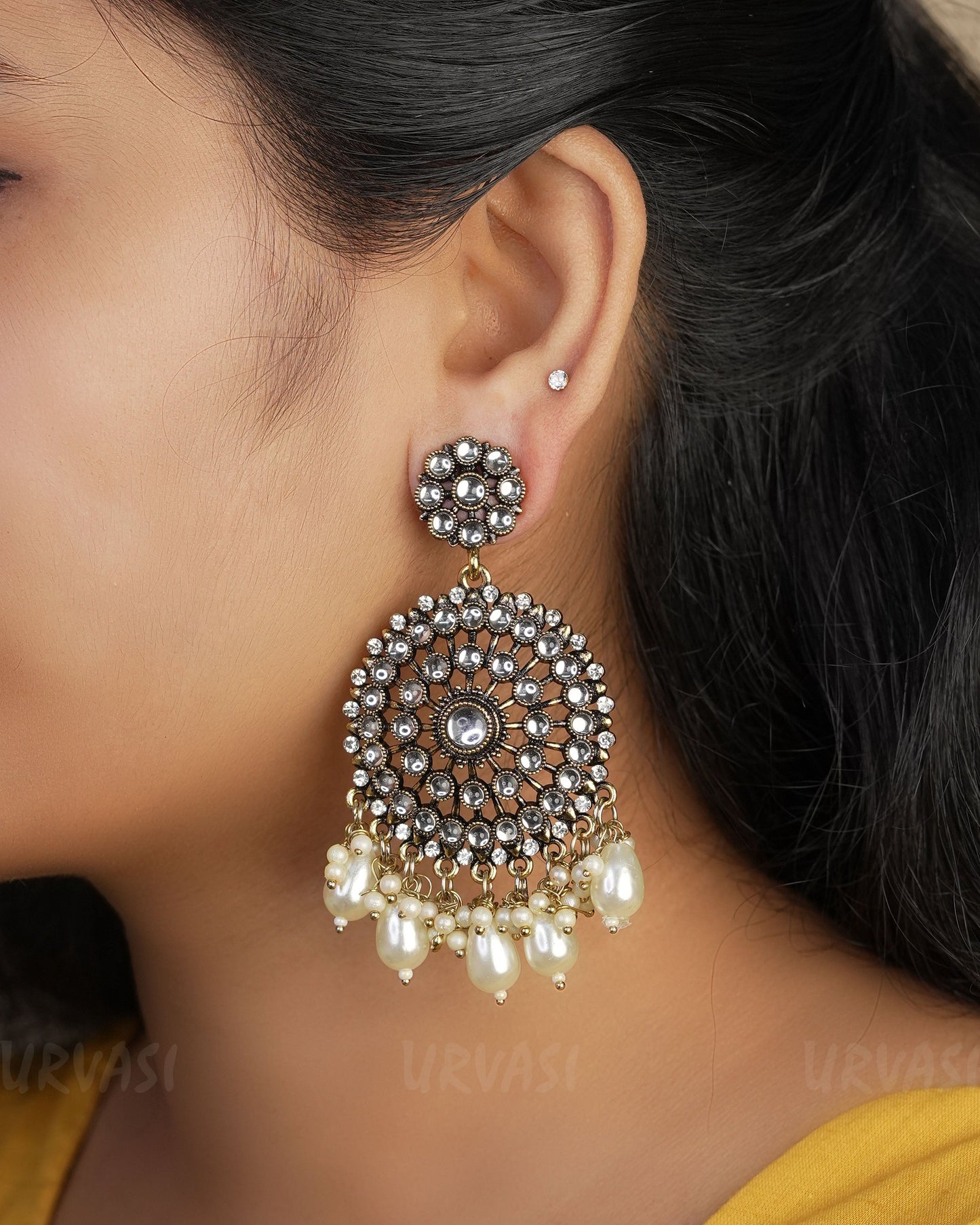 Kundan Chandbali Oxidised Gold Pearl Hanging Earrings E912