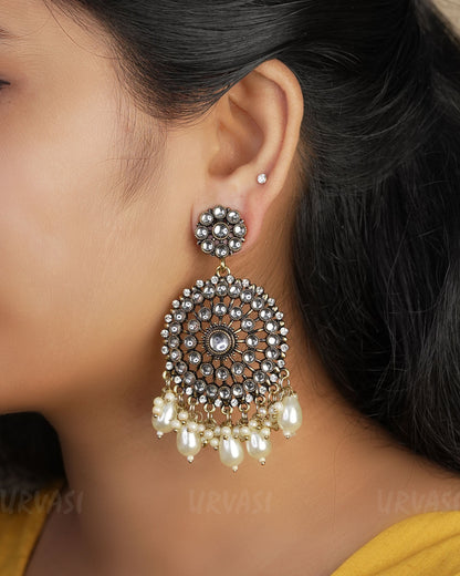 Kundan Chandbali Oxidised Gold Pearl Hanging Earrings E912