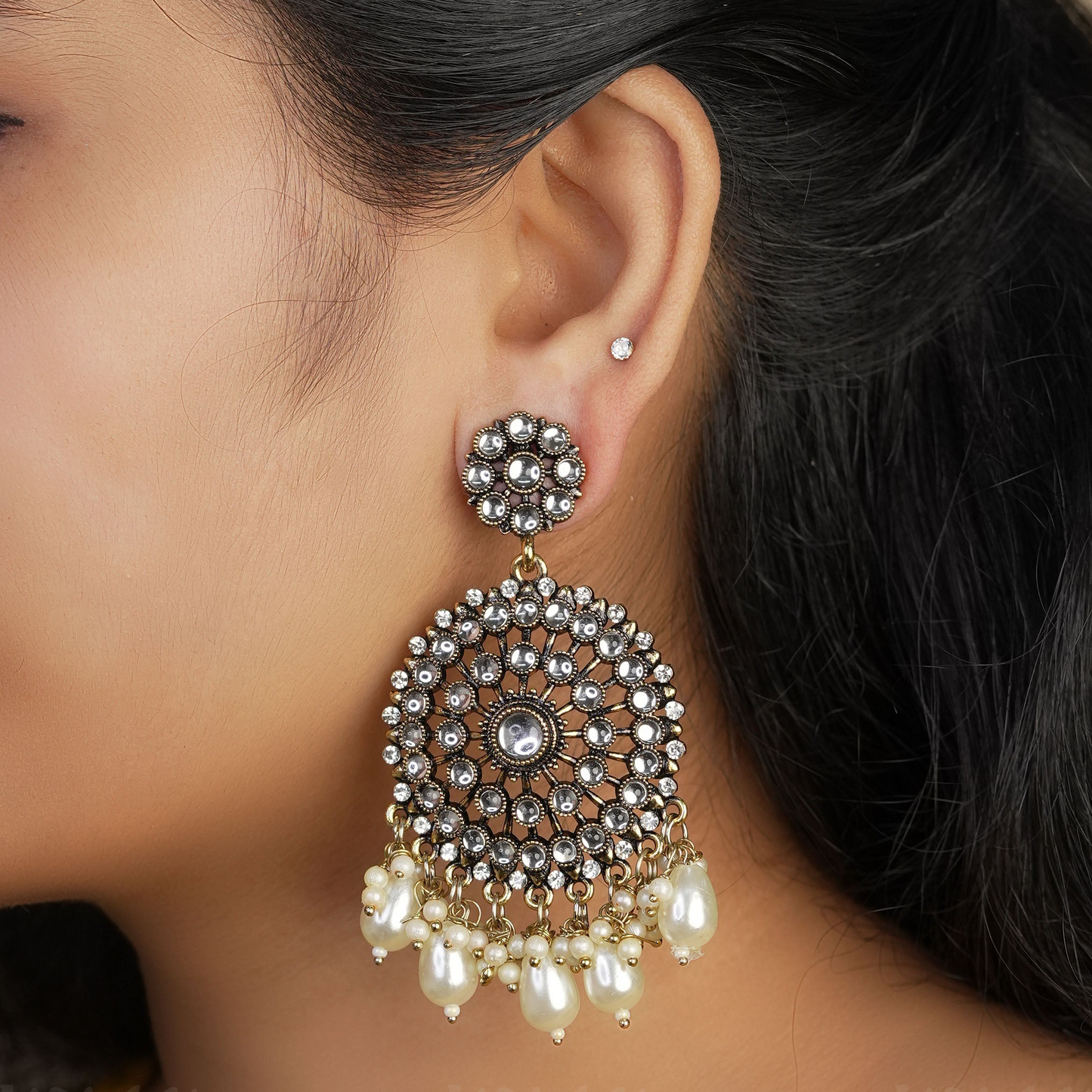 Kundan Chandbali Oxidised Gold Pearl Hanging Earrings E912