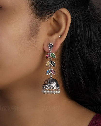Leaf Motif Oxidised Silver Jhumka Earrings E983