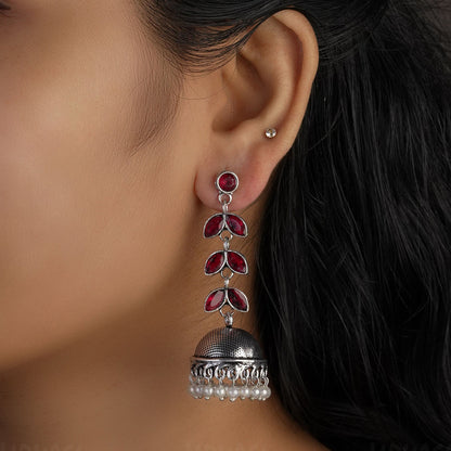 Leaf Motif Oxidised Silver Jhumka Earrings E983