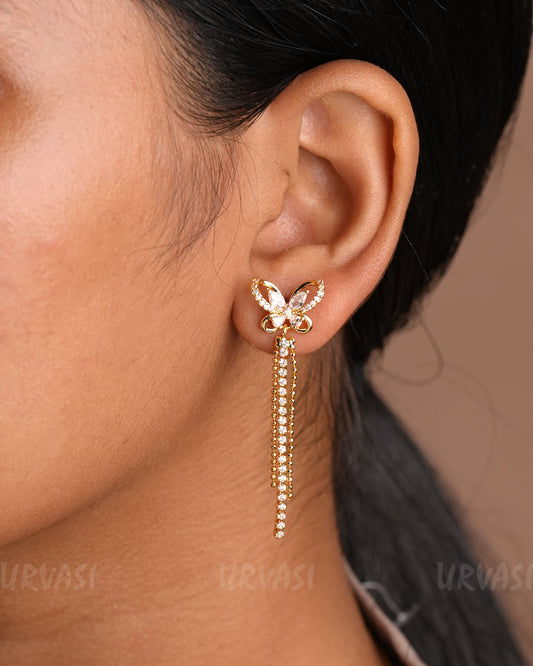Gold-Toned Butter-fly Designed AD Hanging Earrings E1176