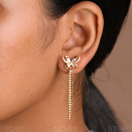 Gold-Toned Butter-fly Designed AD Hanging Earrings E1176